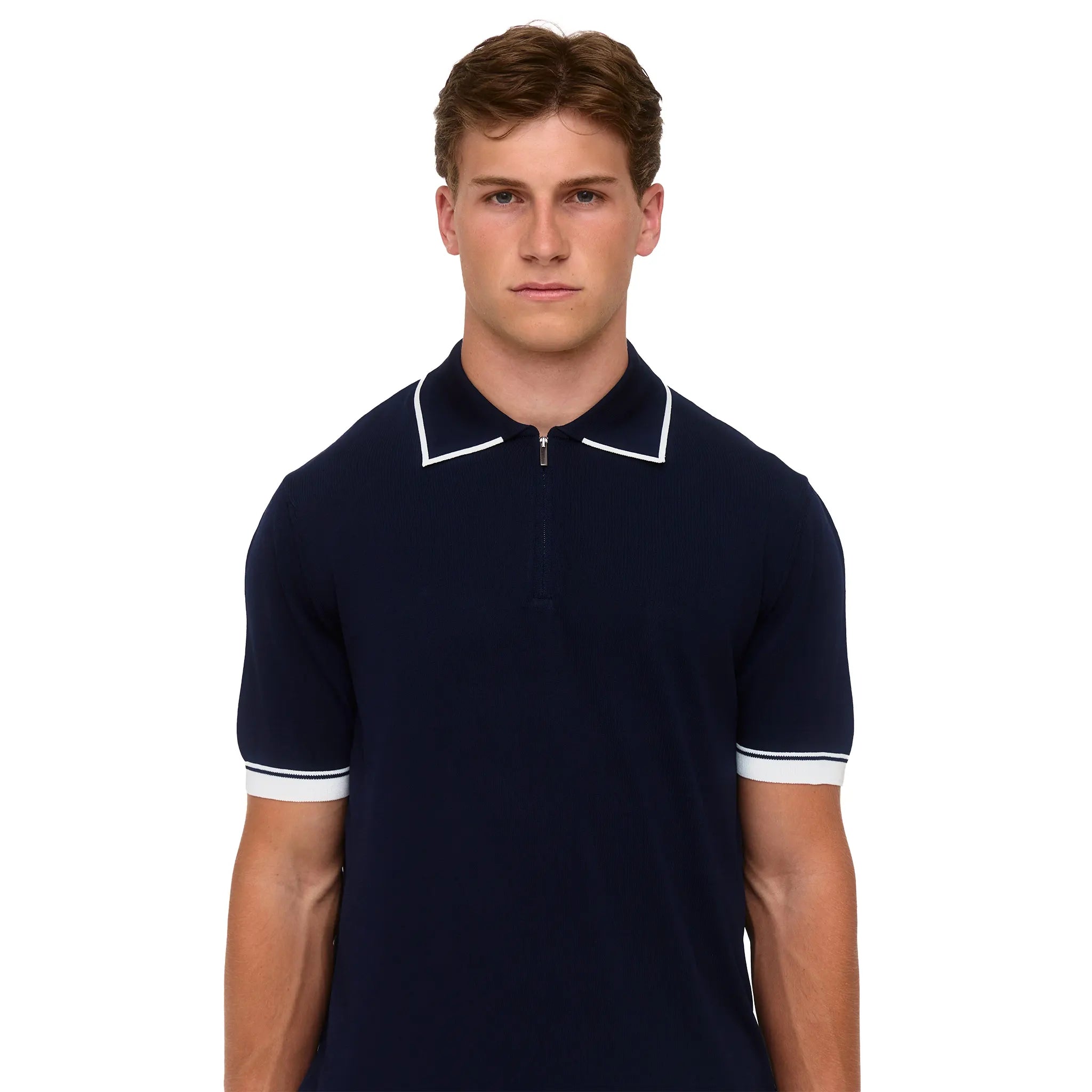 Front View of Loiano Rayon Knit Navy Polo Shirt